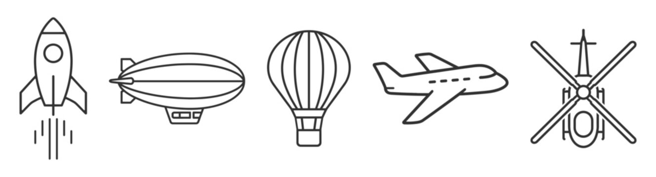 Aviation transport icon set, rocket airplane helicopter airship and hot air balloon outline editable stroke vector isolated on transparent background