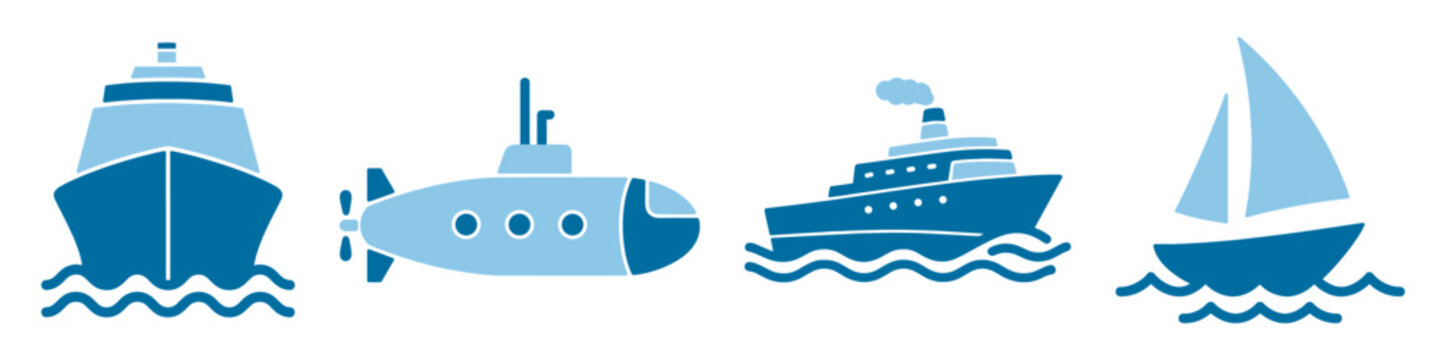 Marine vessels icon set, ship submarine yacht and sailboat outline vector isolated on transparent background