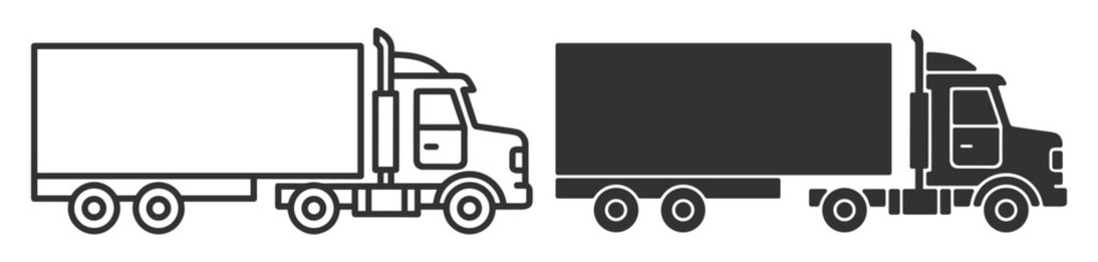 Cargo delivery truck lorry with box trailer in outline and solid styles isolated on transparent background