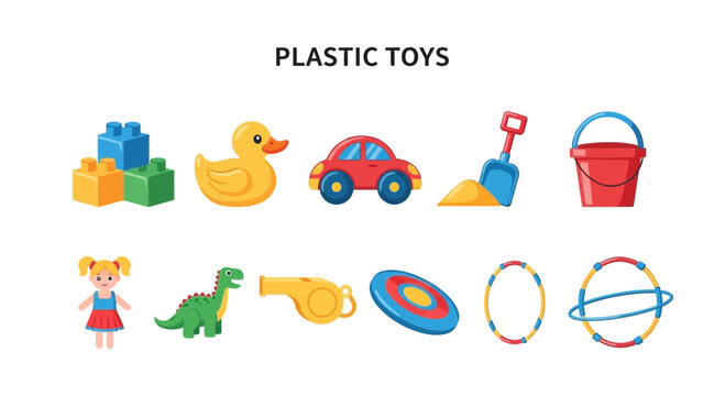 Illustration of various plastic toys including blocks a duck car beach tools doll dinosaur whistle frisbee and hoops