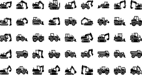 Construction machinery silhouette icon set featuring excavator, bulldozer, loader and dump truck, heavy equipment collection isolated on white background for industrial design © MSTMUNMUN