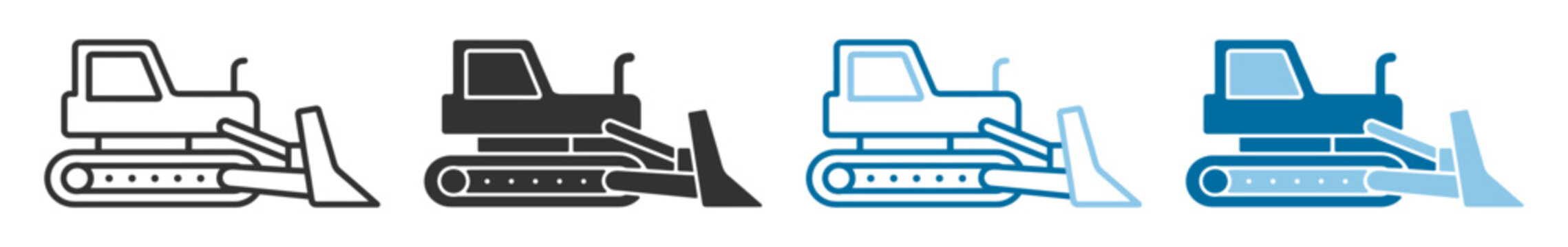 Bulldozer tractor icon, heavy construction machinery vehicle with blade in outline and silhouette vector illustration on transparent background