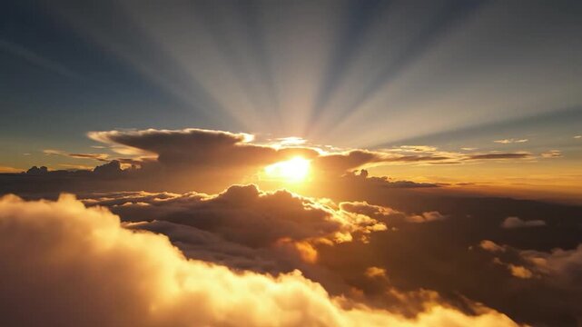 Golden sun rays pierce through f clouds during a beautiful sunrise