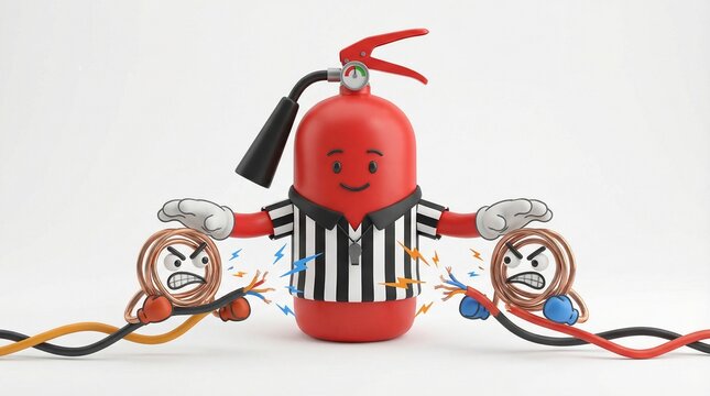 Humorous 3D Illustration of Fire Extinguisher Referee Separating Sparking Wires