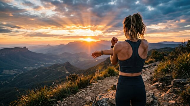 Fit young woman stretching her arm on a mountain peak at sunrise with dramatic sky and copy space for wellness and active lifestyle concept.