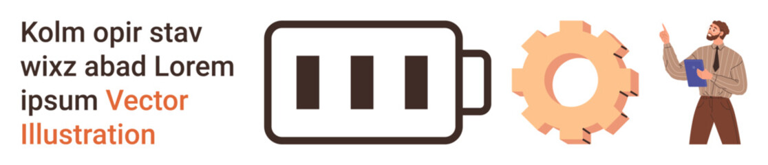 Technology, business workflow, energy management, performance optimization, process improvement, industrial design. Battery icon, gear and man pointing at clipboard. Energy management and workflow