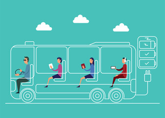 Electric Bus Interior with Passengers Using Devices Flat Illustration