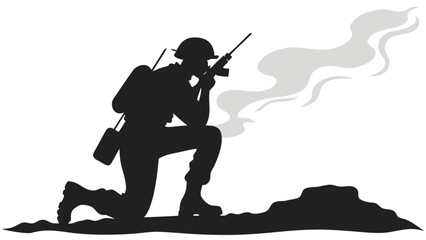 Obraz premium Soldier in combat kneeling with rifle silhouette illustration with smoke