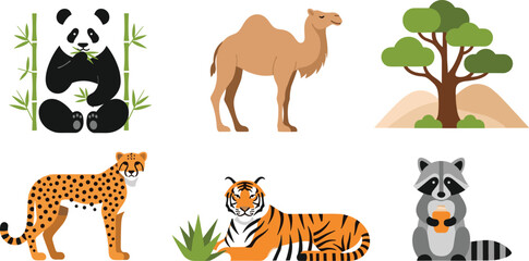 Wildlife animal illustration set with panda camel cheetah tiger raccoon and tree nature elements isolated vector collection. © MstSuborna