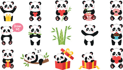 Cute panda cartoon character collection with gifts bamboo heart and sleeping poses adorable animal illustration for kids design. © MstSuborna