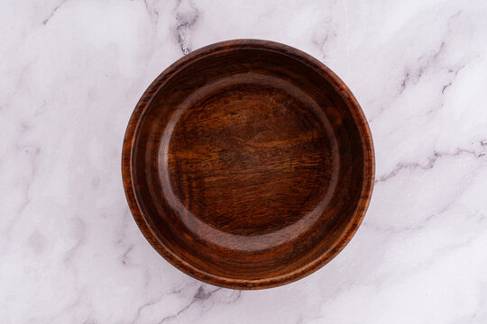 Brown Wooden Serving Bowl Marble Background