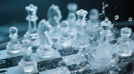 Crystal chess set splashing with water in dramatic game scene