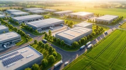 Aerial tilt shift view of large modern industrial warehouse complex with logistics trucks