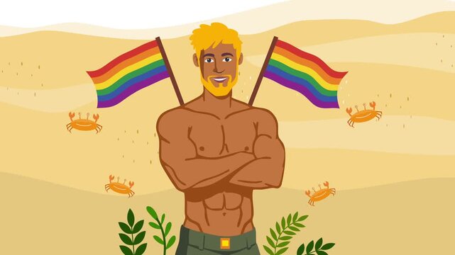 Shirtless man holding two rainbow flags celebrating pride month outdoors