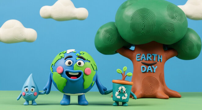 Earth Day Cartoon Earth Water Tree Friends Blue Background JPG | Adobe Photoshop Tutorial JPG Files