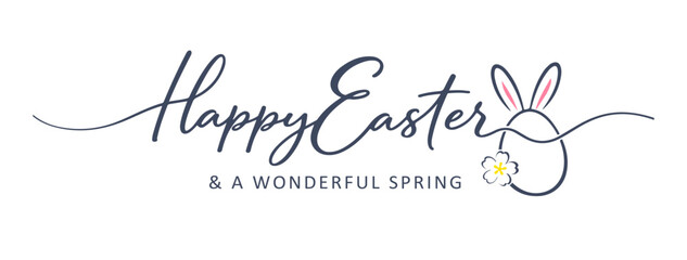 Happy Easter logo with continuous line art typography and egg illustration for spring season and Easter Sunday celebrations. © AFRAN STUDIO