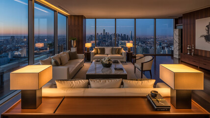 Fototapeta premium Luxurious Modern Living Room With City Skyline View At Dusk For Interior Design And Architecture Concept