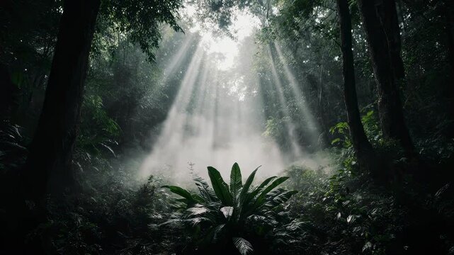 Rainforest Stillness. Mystical Tropical Forest with Soft Fog & Light Rays. Cinematic Nature. completely still tropical forest with slow drifting mist, set in an untouched jungle environment
