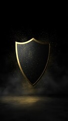 Fototapeta premium Golden Shield on Dark Background with Glitter Dust, Security Protection and Cyber Defense Concept