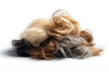 Pile of hair on white background with close-up texture and natural-colored strands