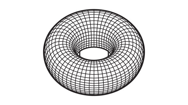A bold wireframe torus, rendered with distinct black lines, prominently displaying its intricate three-dimensional structure on white.