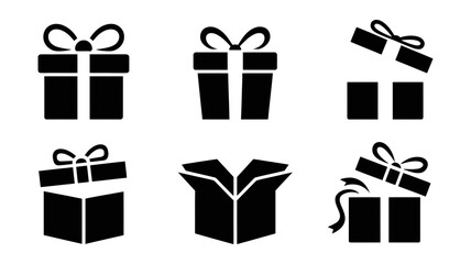 A collection of six black silhouette gift box icons showing various stages of opening.