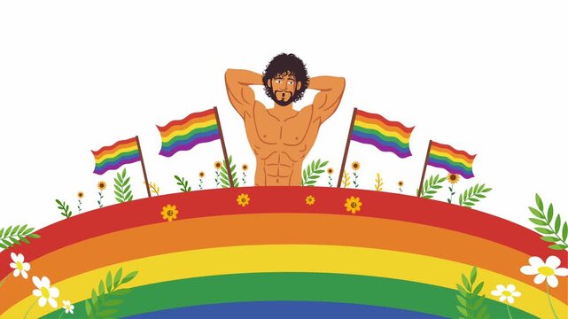 man posing on rainbow hill with pride flags for lgbtq month celebration