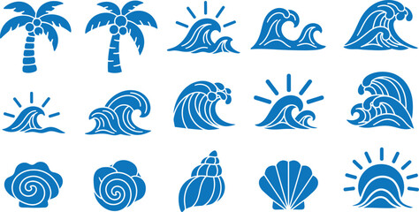 Fototapeta premium Beach icons set with waves palm trees and seashells in blue