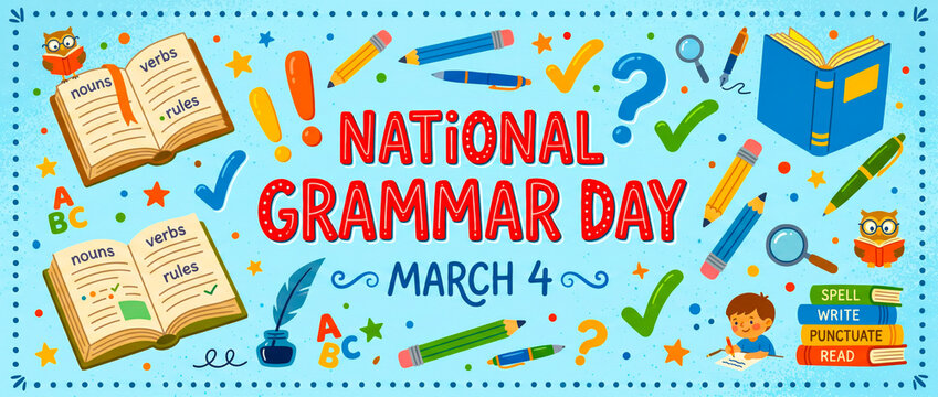 National Grammar Day educational illustration for March 4th celebrating literacy with books, pencils, and school supplies in a colorful vector style.