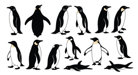 Obraz premium Collection of penguins in various poses and silhouettes, Generative AI.