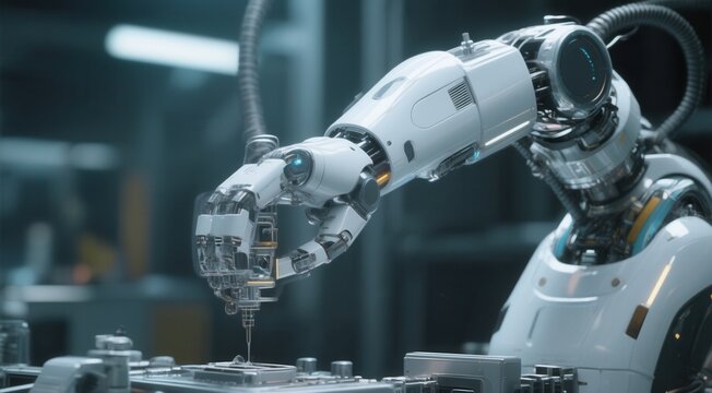 Robotic arm assembling electronics in modern lab