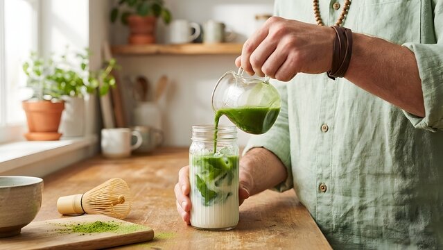 Person pouring green matcha tea into a glass with milk, creating a refreshing iced matcha latte in a cozy kitchen setting.