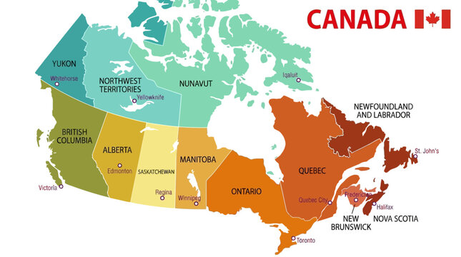 Canada Political Map: Provinces, Territories, and Capital Cities. Detailed vector illustration showing Canadian administrative divisions, vibrant colors, and clear labels.