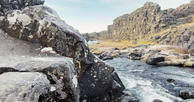 Panorama of of Ax river rift valley at the Thingvellir national park in Iceland
