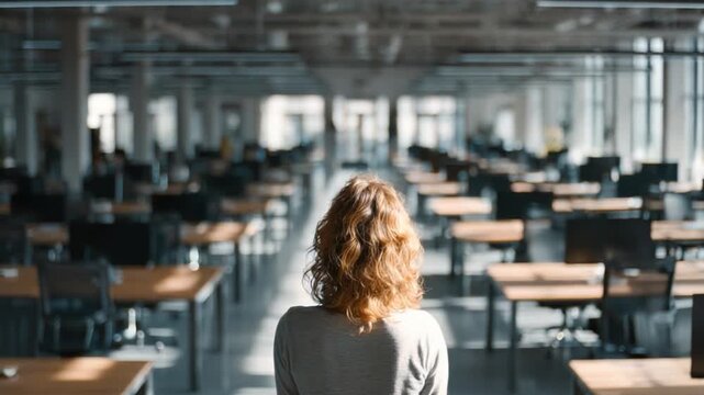Capturing a pensive woman's back as she walks down a study hall full of empty tables, she embodies introspection 