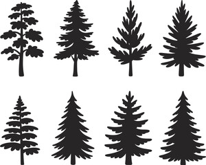 Black pine tree silhouettes and coniferous evergreen forest plant icons isolated on white background for nature landscape design. © Sumaiya