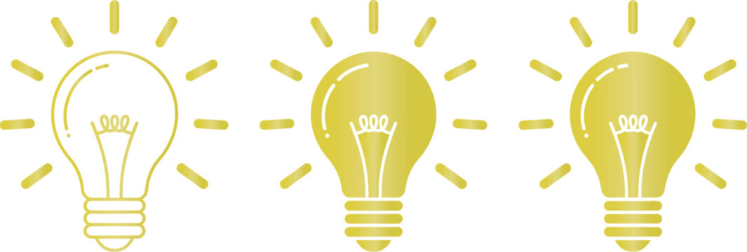Three glowing yellow light bulb icons in linear and solid styles representing creative ideas innovation energy and bright thinking solutions.