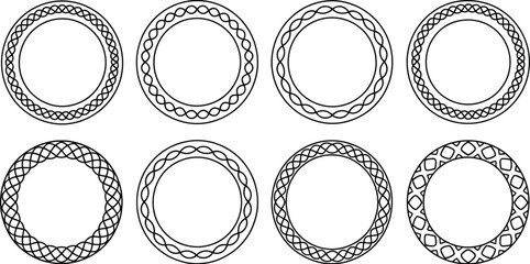 Black and white circular Celtic knot frames and borders with intricate interlaced patterns for decorative graphic design elements. © Sumaiya