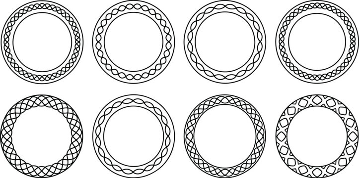 Black and white circular Celtic knot frames and borders with intricate interlaced patterns for decorative graphic design elements.