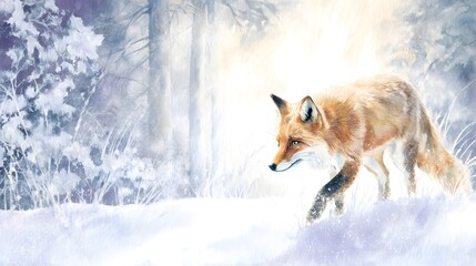 Obraz premium Red Fox Winter Scene Watercolor Illustration Serene Forest Wildlife Tranquil Natural Beauty