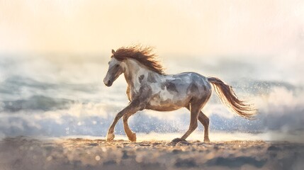 Wild horse freedom watercolor illustration captures a serene coastal run bathed in warm sunlight shadows