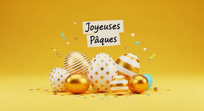 Joyeuses paques easter eggs display. French text meaning happy easter on sign with golden decorated eggs balloons and confetti. Festive spring holiday celebration concept