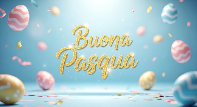 Colorful easter eggs floating around golden buona pasqua text in italian for happy easter greeting. Festive confetti on blue background. Spring holiday celebration and seasonal joy concept