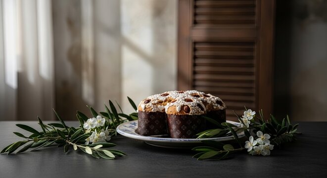 Traditional Italian colomba Easter cake on white plate surrounded by olive branches and white flowers. Dove shaped sweet bread with almond and sugar topping for spring holiday celebration. Symbolic