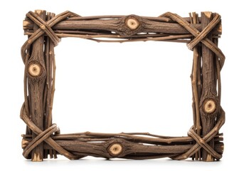 Rustic wooden picture frame made of twigs isolated on white background