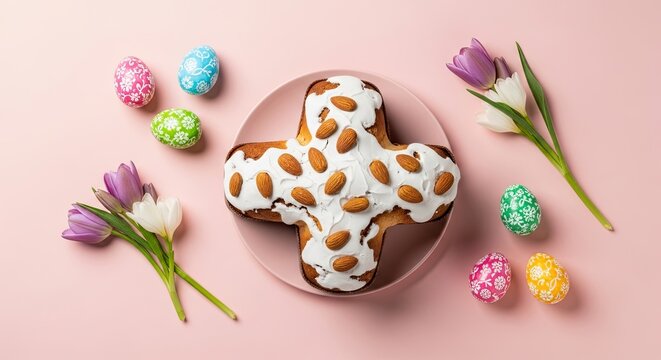Easter colomba cake on pink background with colored eggs and tulips. Italian dove shaped pasquale bread with almonds for spring holiday celebration