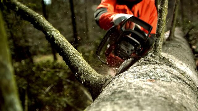 Professional lumberjack in orange safety jacket using powerful red chainsaw to cut tree trunk in dense forest during timber harvesting and forestry maintenance