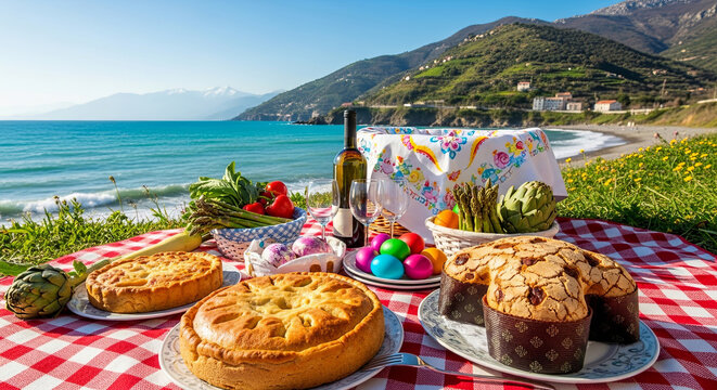 Easter picnic by the sea with colomba cake painted eggs and vegetables. Traditional holiday meal on checkered blanket in scenic coastal landscape with mountains. Spring outdoor celebration concept