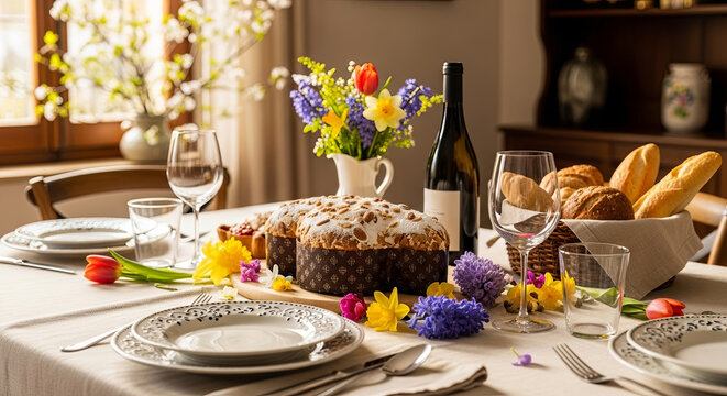Easter table setting with traditional kulich bread, wine bottle, and spring flowers. Festive holiday meal for family celebration. Springtime easter feast concept