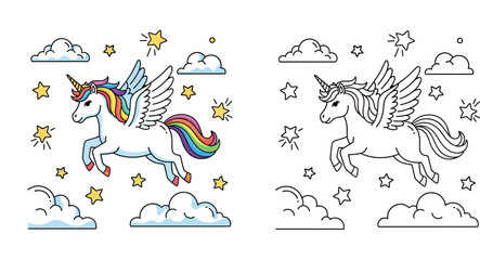 Cute flying unicorn with rainbow mane and wings. Colored and black and white outline version for children coloring book page. Vector illustration with stars and clouds. © MstTabassum